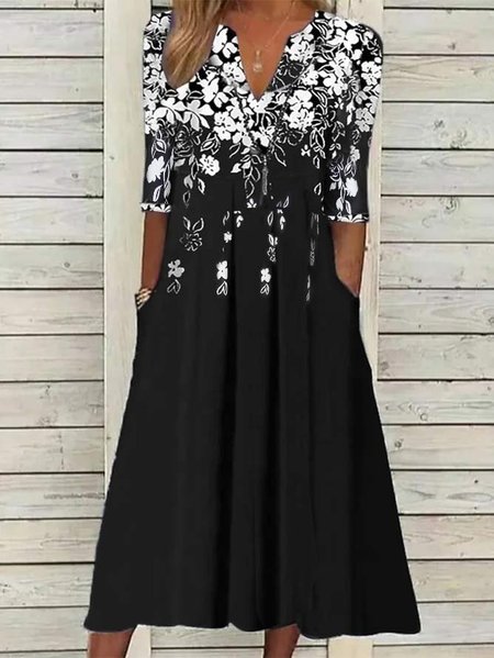 

Casual Loose Ruched Floral Dress, Black, Dresses