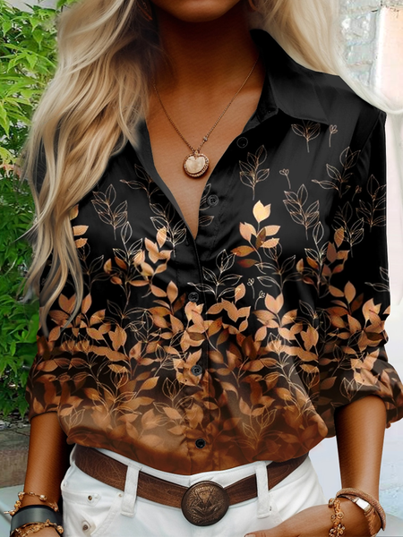 

Loose Shirt Collar Leaf Casual Blouse, Black, Shirts & Blouses