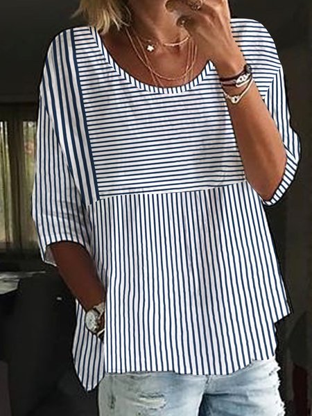 

Casual Loose Striped Crew Neck Tunic Top, Blue, Tunics