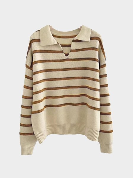 

Women's Casual V Neck Striped Pattern Bottom Shirt Autumn Winter Sweater, Brown, Sweaters