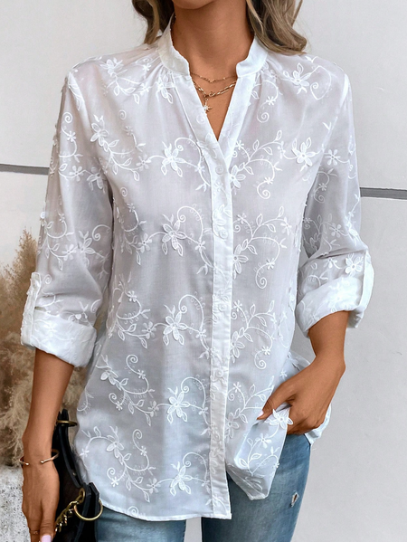 

Shirt Collar Loose Plain Casual Blouse, White, Shirts & Blouses