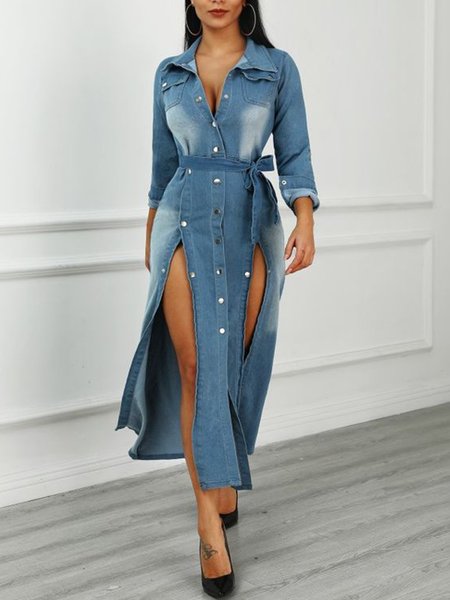 

Urban Regular Fit Plain Denim Dress With Belt, Blue, Maxi Dresses