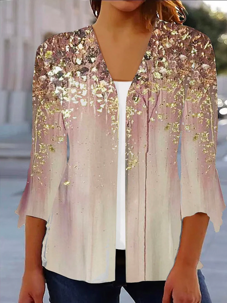 

V Neck Casual Abstract Print Kimono, Khaki, Jackets& Coats