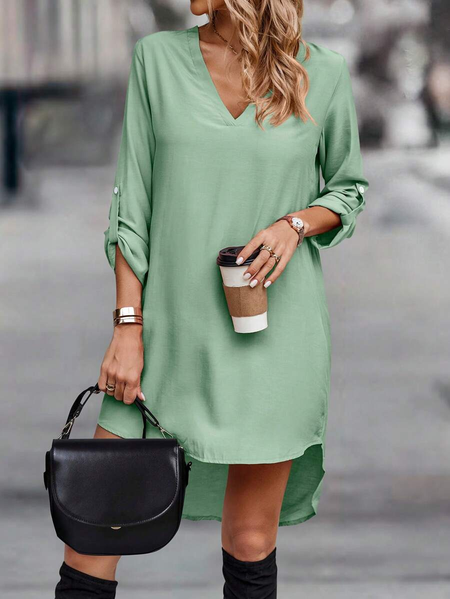 

Plain Loose V Neck Casual Roll Up Sleeve High Low Hem Tunic Dress, Green, Dresses