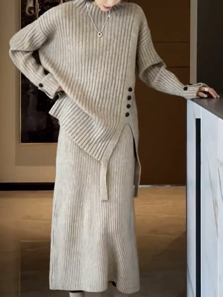 

Crew Neck Elegant Wool/Knitting Sweater, Apricot, Pullovers