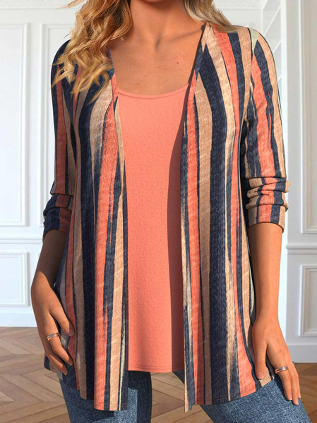 

Loose Crew Neck Plain Casual Two-Piece Set, Stripe, Suit Set