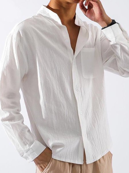 

Loose Stand Collar Casual Cotton And Linen Shirt, White, Shirts ＆ Blouse