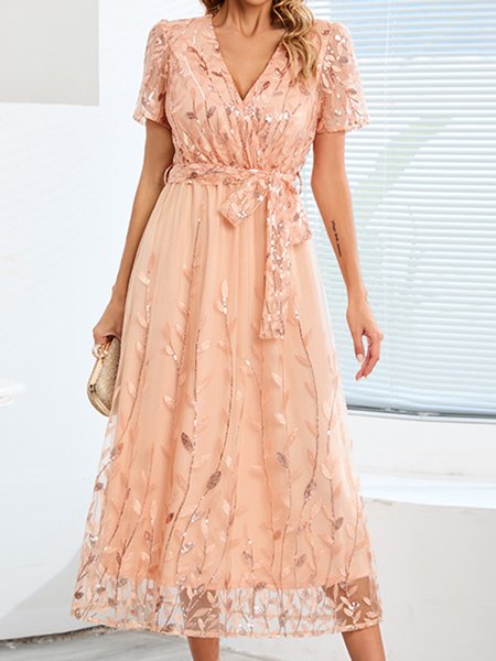 

Regular Sleeve Party Loose Crew Neck Wedding Dress With Belt, Pink, Party Dresses