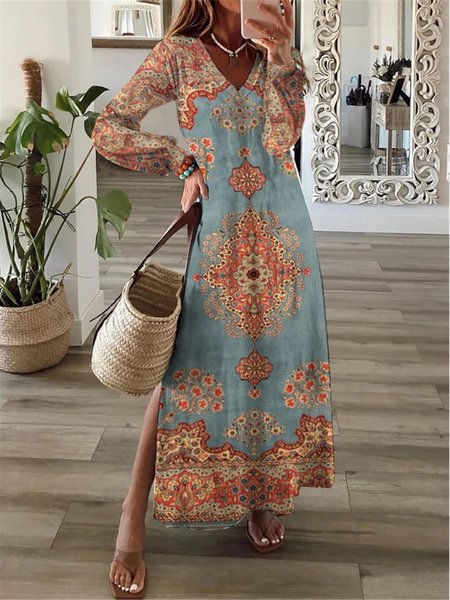 

Ethnic V Neck Casual Dress, Blue, Dresses