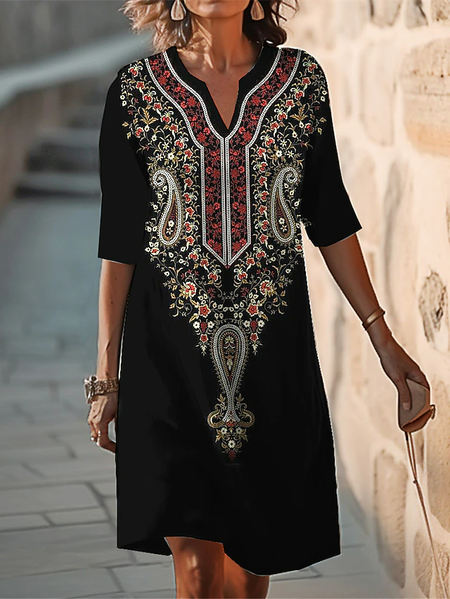 

Casual Ethnic Design Notched Neck Loose Dress, Black, Dresses