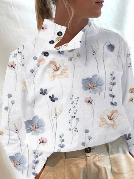 

Floral Turtleneck Casual Loose Shirt, White, Shirts & Blouses