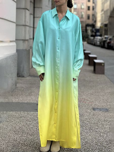

Long Sleeve Shirt Collar Urban Ombre Loose Dress, Blue, Maxi Dresses