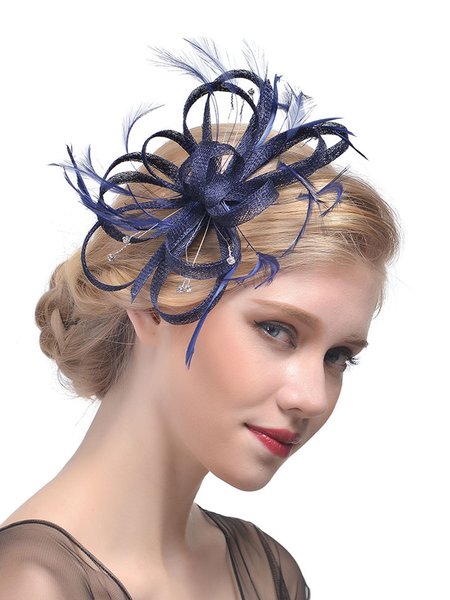 

Elegant Mesh Applique Rhinestone Imitation Feather Party Hat Hair Clips, Navyblue, Headdress