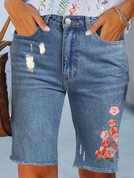 

Casual Floral Embroidery Denim Regular Fit Shorts Jeans, Blue, Shorts
