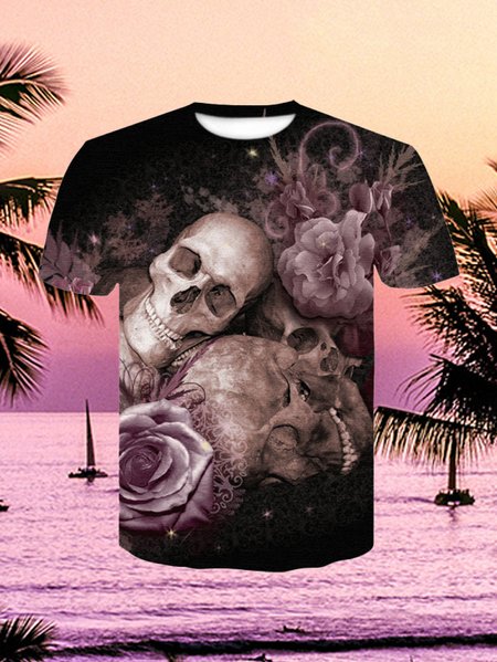 

Men's Casual Skull Floral Round Neck High Elastic Short Sleeve T-Shirt Street, As picture, T-Shirts