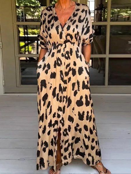 

V Neck Leopard Loose Urban Dress, Yellow, Maxi Dresses