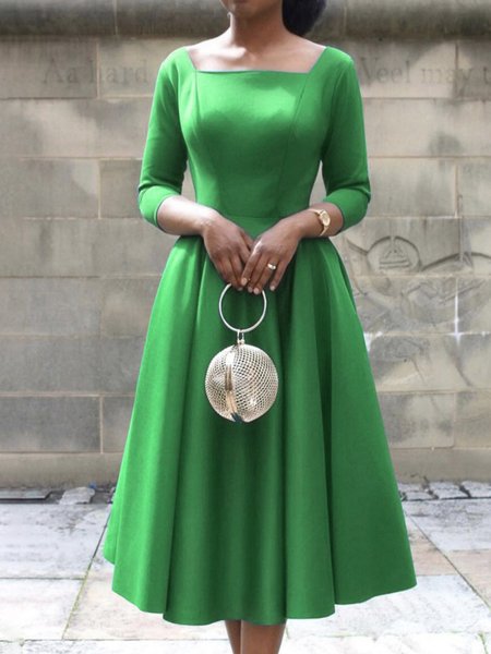 

Plain Elegant Square Neck Regular Fit Dress, Green, Midi Dresses