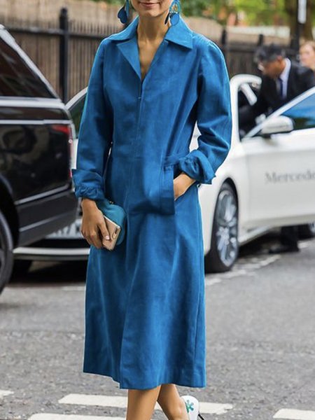 

Long Sleeve Urban Regular Fit Pocket Stitching Dress, Blue, Midi Dresses