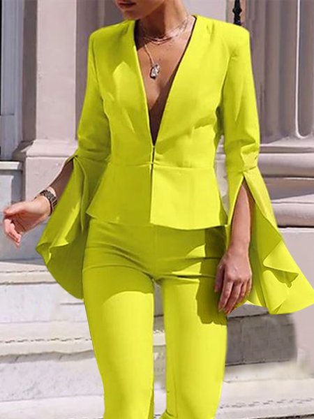 

Regular Fit Elegant V Neck Blazer, Yellow, Blazers