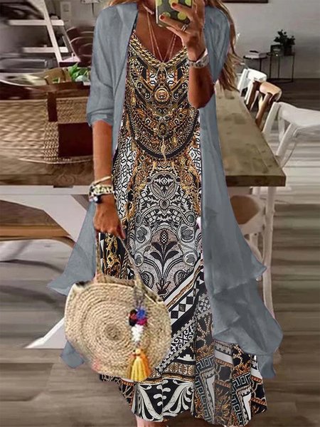 

Ethnic Elegant Two-Piece Set, Gray, Suit Set