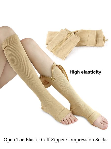 

Athletic Compression Zipper Open Toe Stretch Calf Support Socks, Nude, Socks