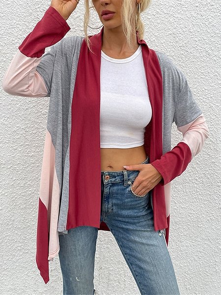 

Wrap Long Sleeve Color Block Regular Micro-Elasticity Loose Kimono For Women, Red, Kimono