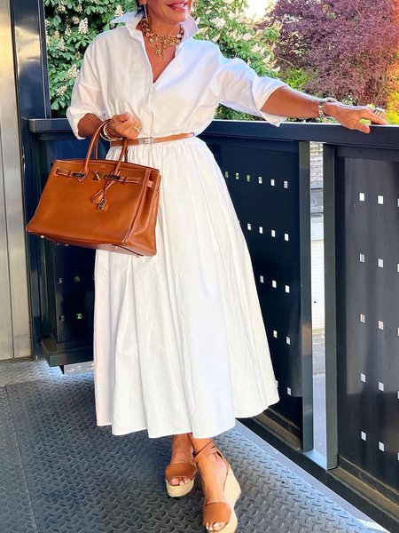 

Elegant Regular Fit Plain Shirt Collar Dress With No Belt, White, Maxi Dresses