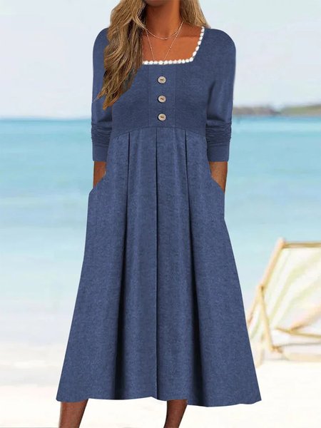 

Elegant Lace Edge Square Neck Dress, Blue, Dresses