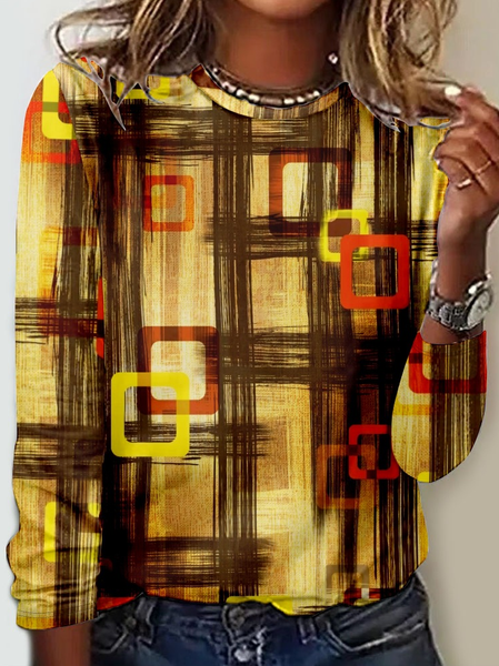 

Women's Retro Print Casual Crew Neck Shirt, Yellow, Long sleeves