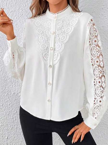 

Shirt Collar Elegant Contrast Guipure Lace Button Front Shirt, White, Shirts & Blouses