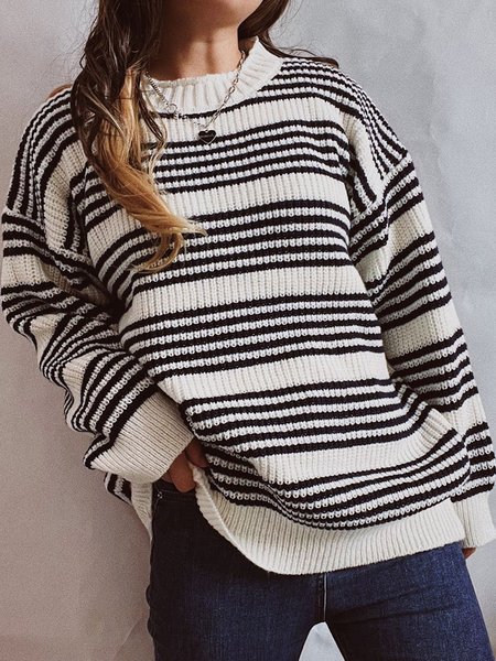 Casual Striped Crew Neck Regular Fit Sweater, White, Sweaters