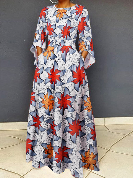 

Elegant Floral Crew Neck Three Quarter Sleeve Regular Fit Maxi Dress, As picture, Maxi Dresses