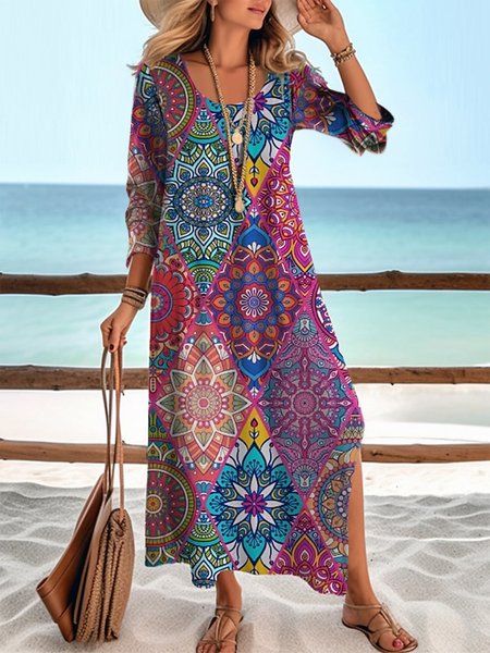 

Loose Ethnic Crew Neck Casual Dress, Rose red, Dresses