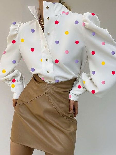 

Loose Urban Stand Collar Long Sleeve Geometric Loose Blouse, White, Blouses and Shirts