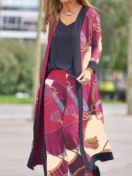 

V NeckLong Sleeve Ethnic Casual Loose Mid-long Kimono, Wine red, Kimonos