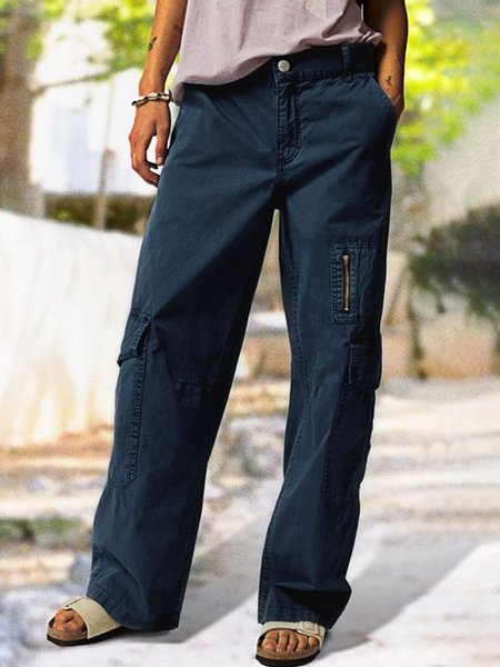 

Loose Plain Casual Cargo Pants, Dark blue, Pants