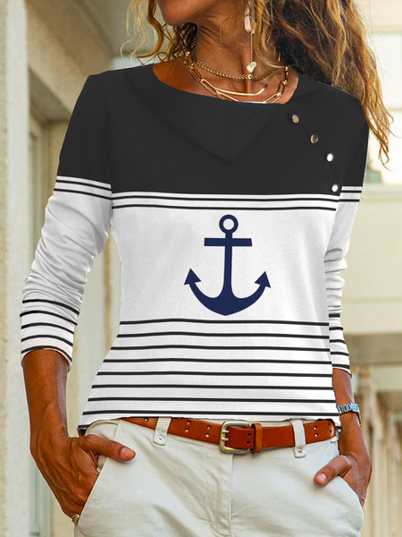 

Striped Anchor Buttoned Casual T-Shirt, White, T-Shirts