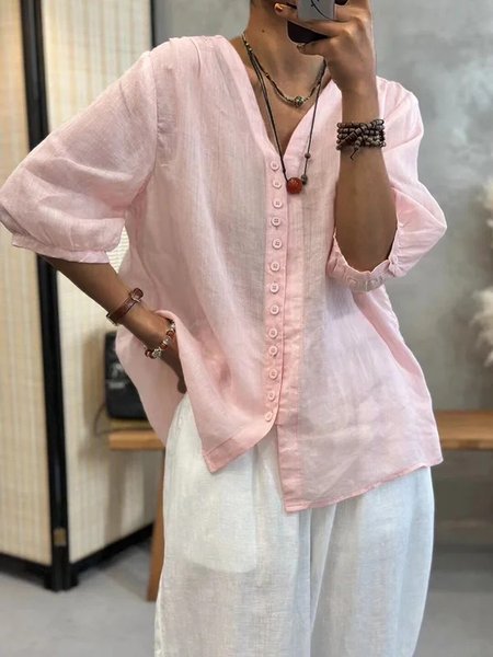

V Neck Plain Casual Blouse, Pink, Shirts & Blouses