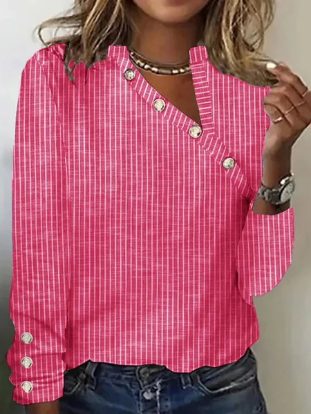 

Women Striped Asymmetrical Neck Button Casual Long Sleeve Top, Deep pink, Long Sleeves