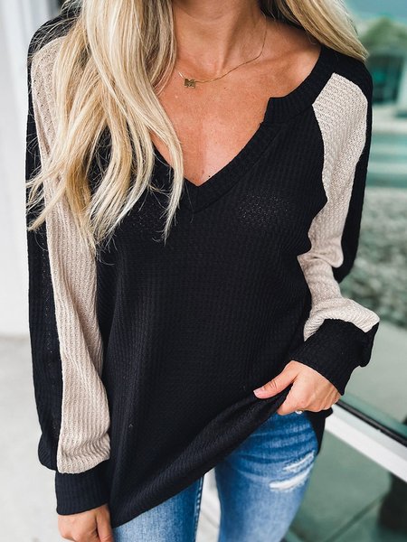 

Casual Color Block V Neck Sweater, Black, Sweaters