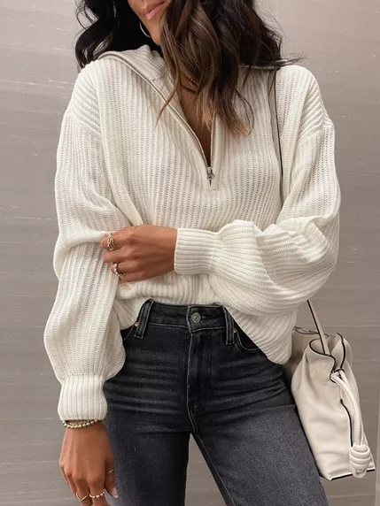 

Zipper Yarn/Wool Yarn Loose Casual Plain Sweater, White, Sweaters