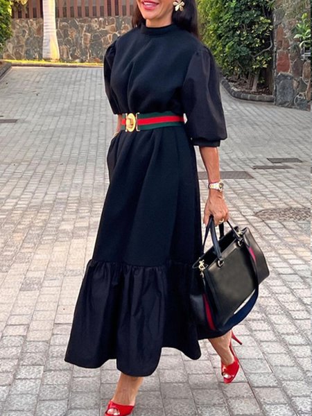 

Stand Collar Pocket Stitching Urban Plain Dress With No Belt, Black, Maxi Dresses