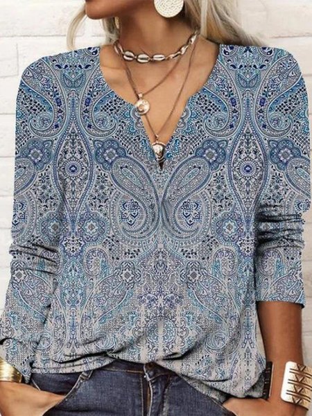 

V Neck Ethnic Casual Shirt, Blue, T-Shirts