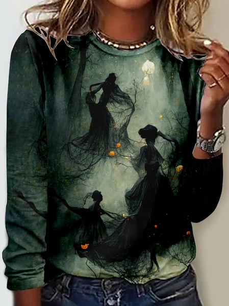 

Women's Dancing Forest Witches Pullover Casual Crew Neck Shirt, Dark green, Long sleeves