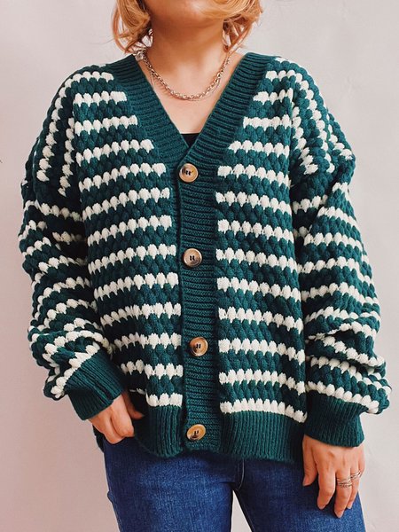 

Casual Striped V Neck Regular Fit Cardigan, Green, Sweaters
