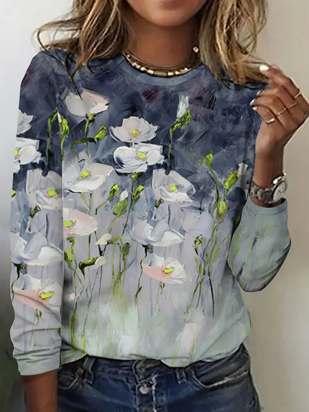 

Floral Loose Crew Neck Casual T-Shirt, Blue, Long sleeves
