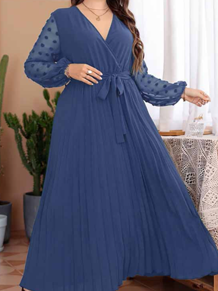 

Plus Size V Neck Regular Fit Plain Dress With No, Blue, Dresses