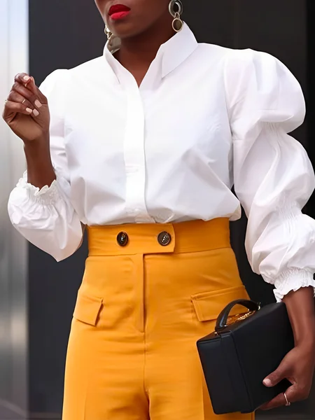 

Long Sleeve Shirt Collar Plain Regular Fit Urban Blouse, White, Blouses and Shirts