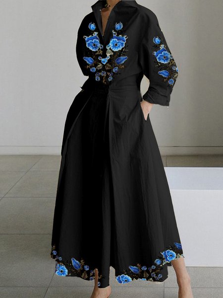 

Shirt Collar Floral Urban Dress, Black, Dresses