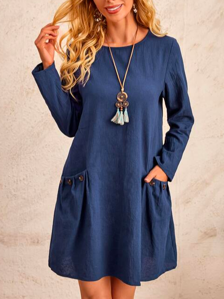 

Loose Casual Solid Dual Pocket Button Detail Dress, Blue, Dresses